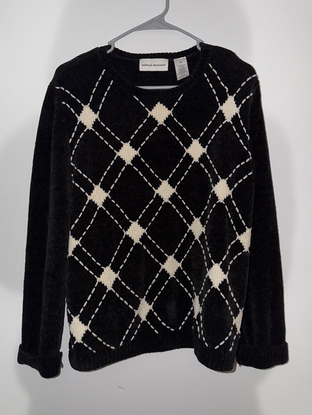 Alfred Dunner Black Sweater with Cream Argyle Pattern